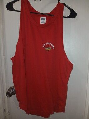 PINK Victoria's Secret Red Graphic Tee - 'Sun Your Buns' Hot Dog Motif